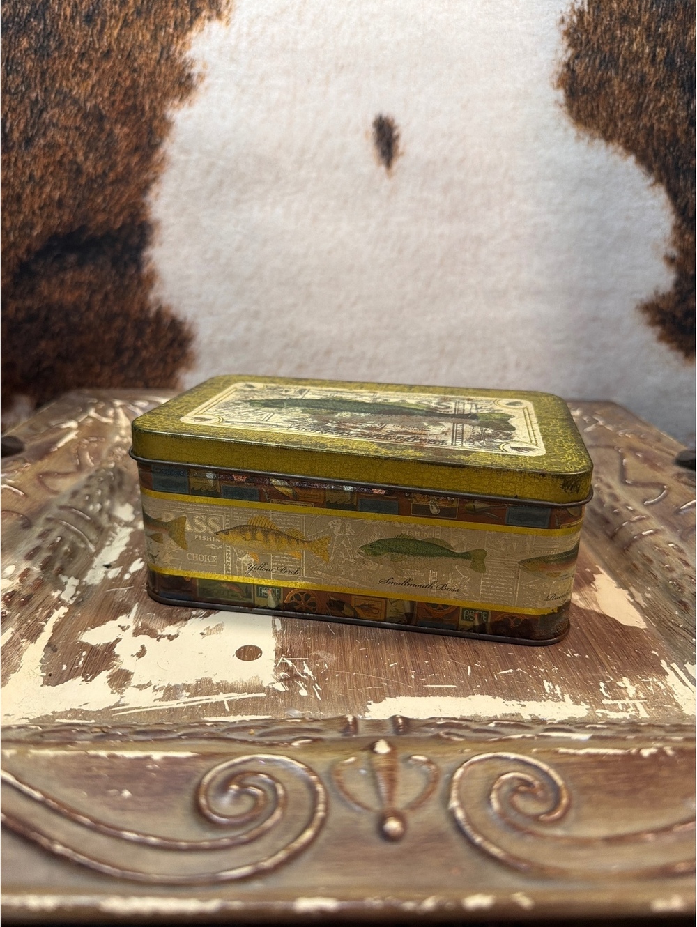 Vintage Decorative Metal Tin Box with Fish Motif